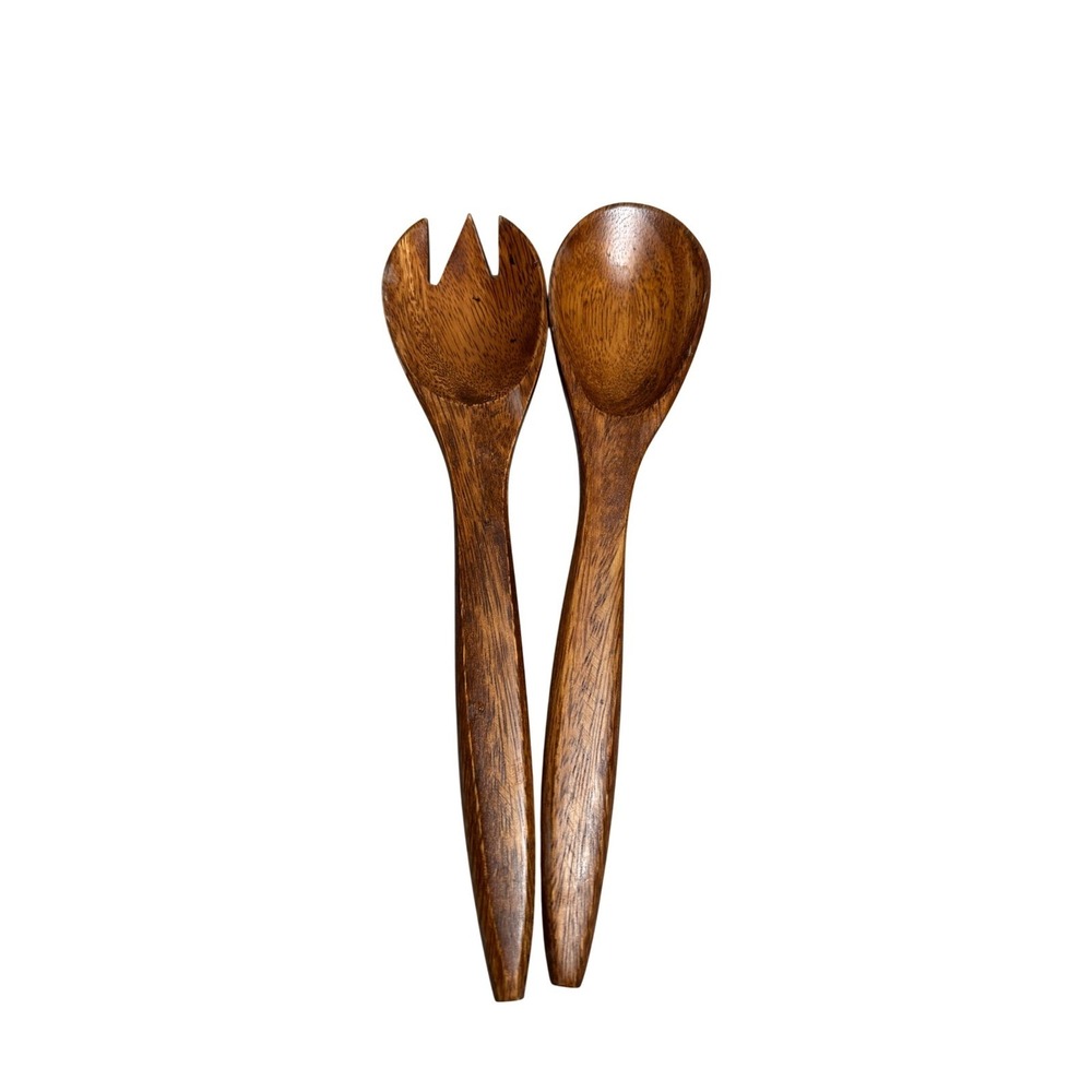 Vintage Handcrafted Wood Salad Server Set Large Spoon and Fork Tapered Handles